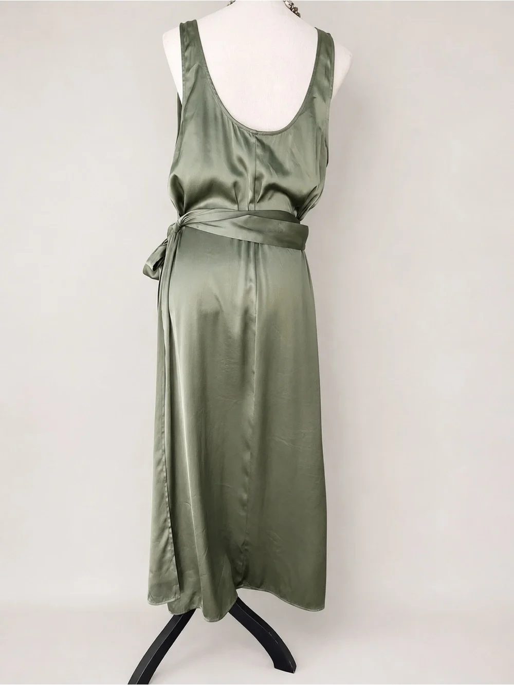 Abercrombie & Fitch Sage Green Satin Faux Wrap Slip Maxi Dress Belted SIZE LARGE